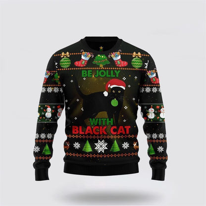 Pet Cat Sweater, Black Cat Be Jolly Ugly Christmas Sweater, Gift For Cat Love, Cat Crewneck Sweater, Winter Fashion