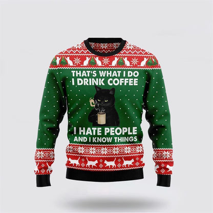 Pet Cat Sweater, Black Cat Drink Coffee I Hate People Ugly Christmas Sweater, Gift For Cat Love, Cat Crewneck Sweater, Winter Fashion