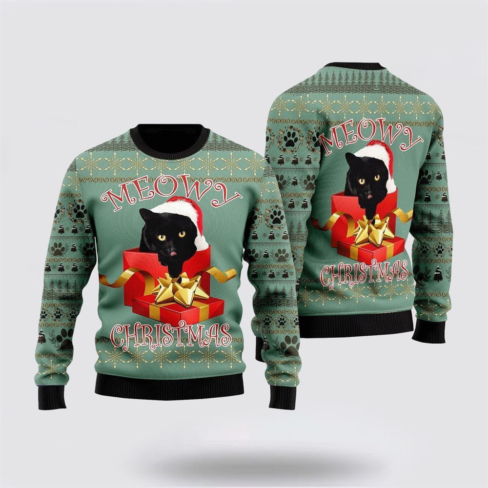 Pet Cat Sweater, Black Cat Gift Sweater Meowy Christmas Ugly Christmas Sweater, Gift For Cat Love, Cat Crewneck Sweater, Winter Fashion