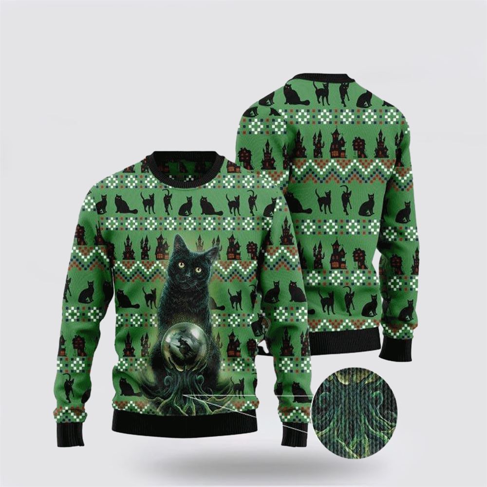 Pet Cat Sweater, Black Cat Halloween Ugly Christmas Sweater, Gift For Cat Love, Cat Crewneck Sweater, Winter Fashion