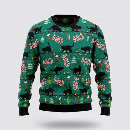 Pet Cat Sweater, Black Cat Ho Ho Ho Ugly Christmas Sweater, Gift For Cat Love, Cat Crewneck Sweater, Winter Fashion