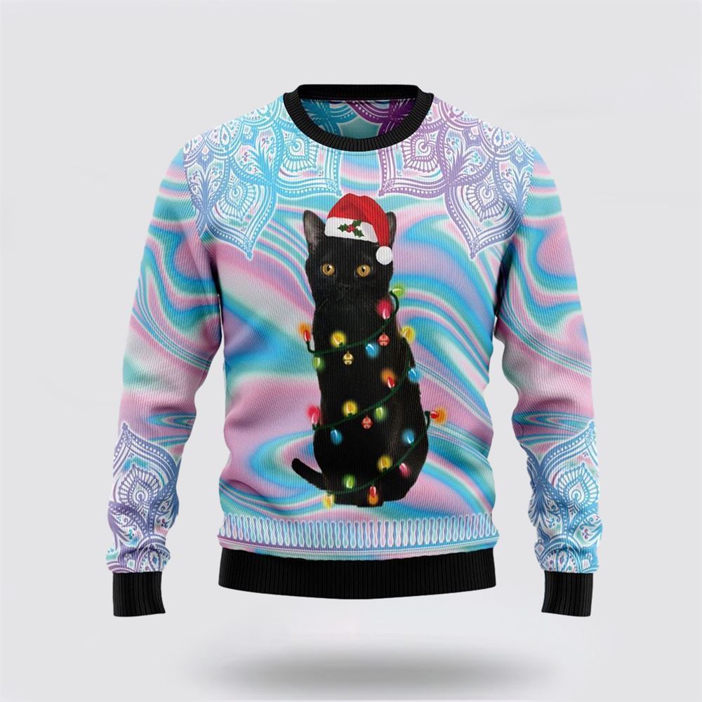 Pet Cat Sweater, Black Cat Hologram Pattern Ugly Christmas Sweater, Gift For Cat Love, Cat Crewneck Sweater, Winter Fashion
