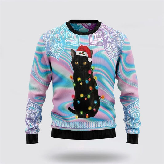 Pet Cat Sweater, Black Cat Hologram Pattern Ugly Christmas Sweater, Gift For Cat Love, Cat Crewneck Sweater, Winter Fashion