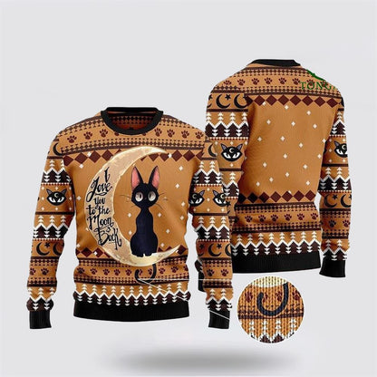 Pet Cat Sweater, Black Cat I Love You To The Moon And Back Ugly Christmas Sweater, Gift For Cat Love, Cat Crewneck Sweater, Winter Fashion