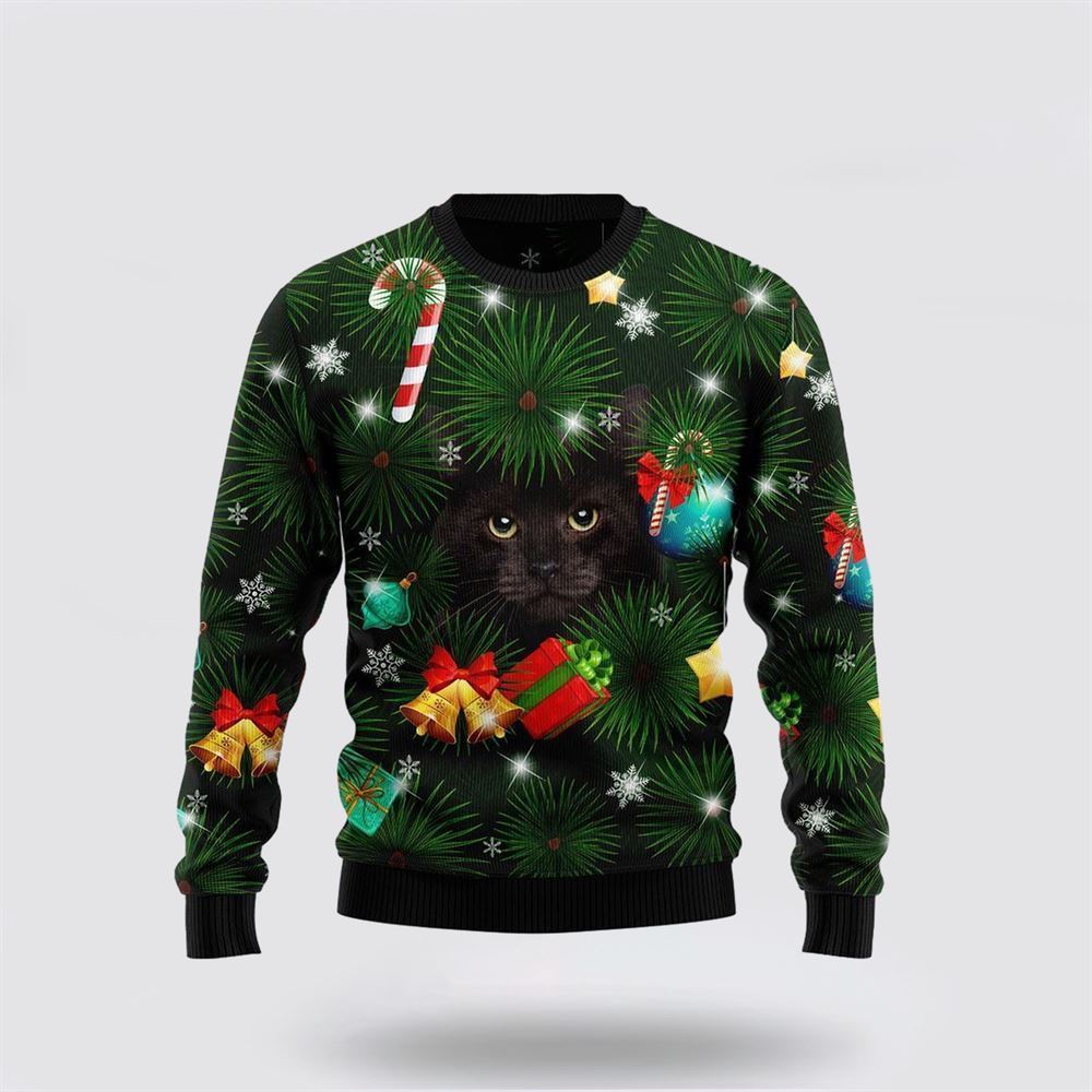 Pet Cat Sweater, Black Cat Inside Tree Ugly Christmas Sweater, Gift For Cat Love, Cat Crewneck Sweater, Winter Fashion
