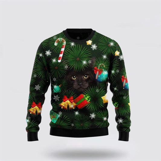 Pet Cat Sweater, Black Cat Inside Tree Ugly Christmas Sweater, Gift For Cat Love, Cat Crewneck Sweater, Winter Fashion