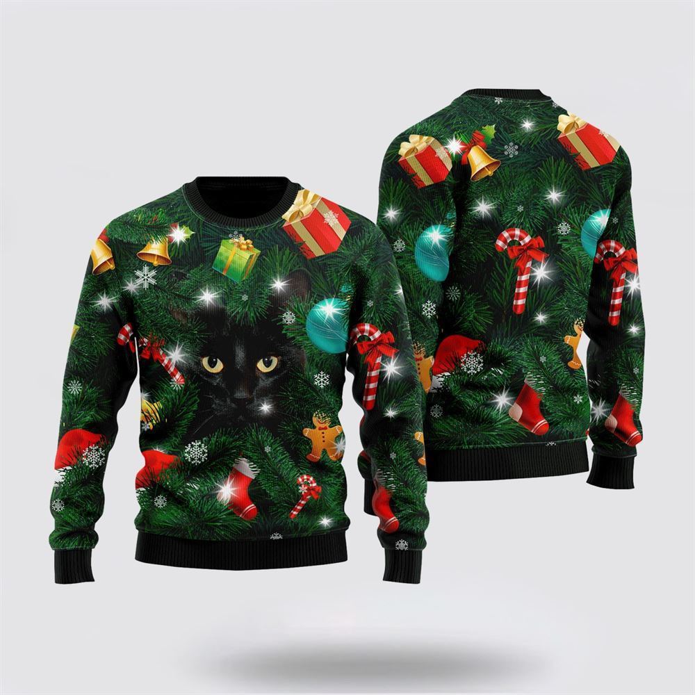 Pet Cat Sweater, Black Cat Inside Tree Ugly Christmas Sweater, Gift For Cat Love, Cat Crewneck Sweater, Winter Fashion