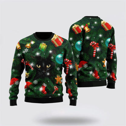 Pet Cat Sweater, Black Cat Inside Tree Ugly Christmas Sweater, Gift For Cat Love, Cat Crewneck Sweater, Winter Fashion