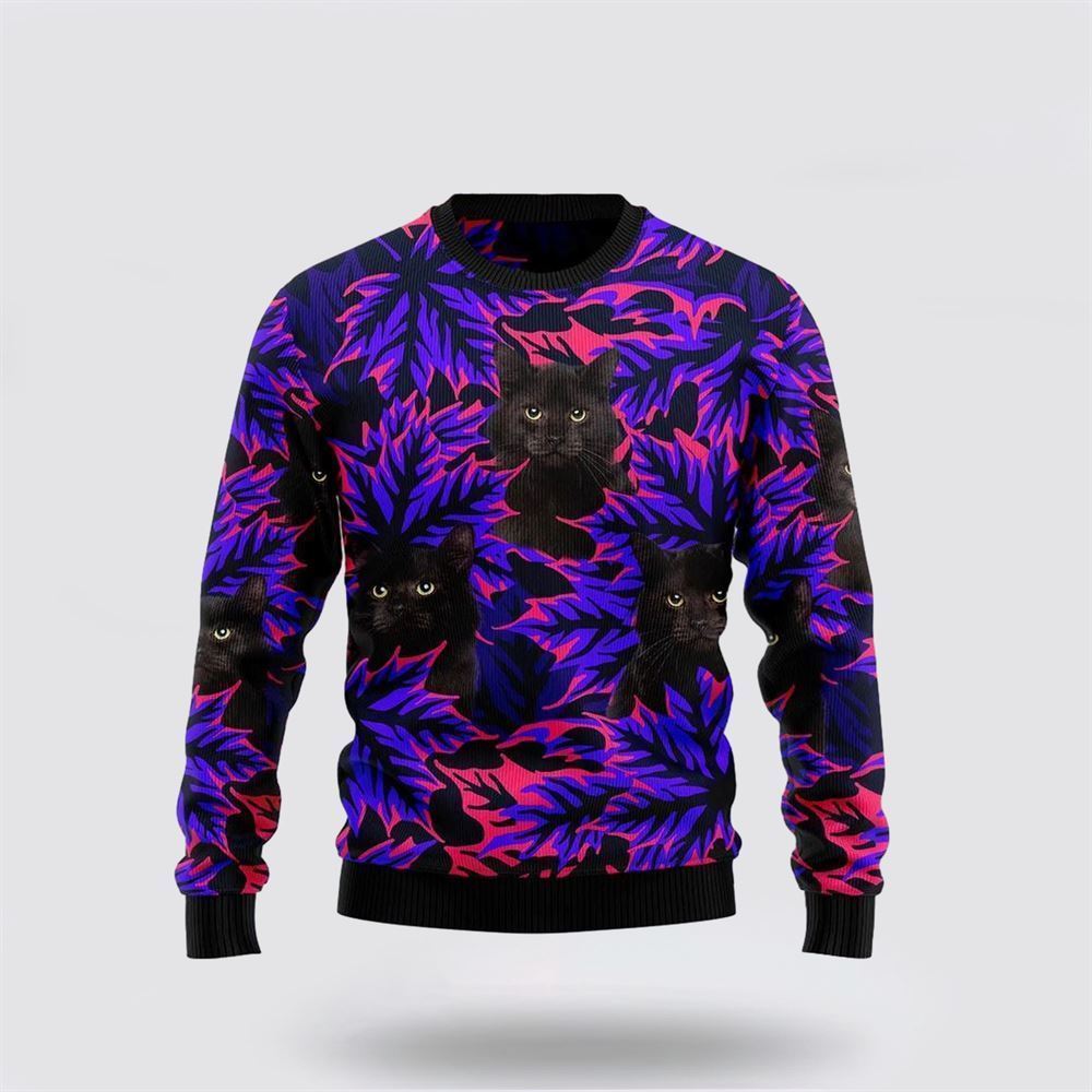 Pet Cat Sweater, Black Cat Leaves Funny Family Ugly Christmas Sweater, Gift For Cat Love, Cat Crewneck Sweater, Winter Fashion