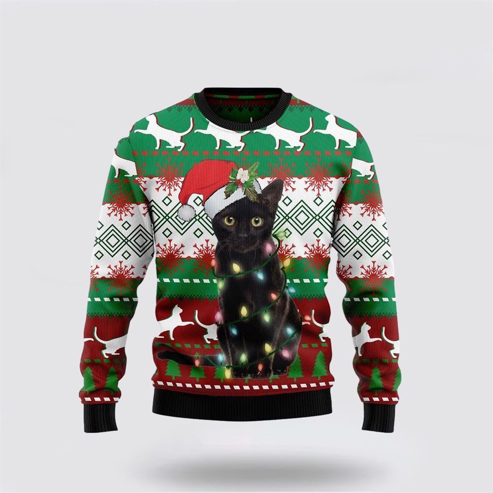Pet Cat Sweater, Black Cat Light Christmas Ugly Christmas Sweater, Gift For Cat Love, Cat Crewneck Sweater, Winter Fashion