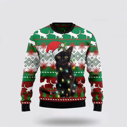 Pet Cat Sweater, Black Cat Light Christmas Ugly Christmas Sweater, Gift For Cat Love, Cat Crewneck Sweater, Winter Fashion