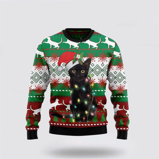 Pet Cat Sweater, Black Cat Light Christmas Ugly Christmas Sweater, Gift For Cat Love, Cat Crewneck Sweater, Winter Fashion