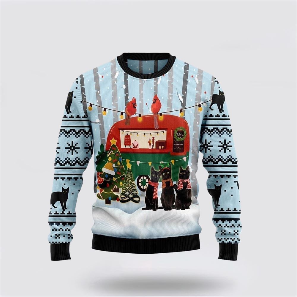 Pet Cat Sweater, Black Cat Love Camping Ugly Christmas Sweater, Gift For Cat Love, Cat Crewneck Sweater, Winter Fashion