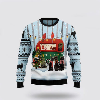 Pet Cat Sweater, Black Cat Love Camping Ugly Christmas Sweater, Gift For Cat Love, Cat Crewneck Sweater, Winter Fashion