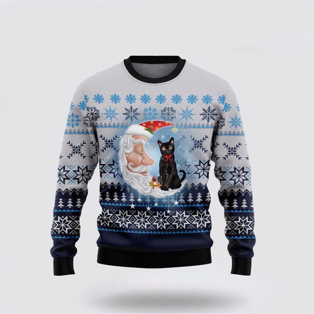 Pet Cat Sweater, Black Cat Love Santa Moon Ugly Christmas Sweater, Gift For Cat Love, Cat Crewneck Sweater, Winter Fashion