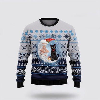 Pet Cat Sweater, Black Cat Love Santa Moon Ugly Christmas Sweater, Gift For Cat Love, Cat Crewneck Sweater, Winter Fashion