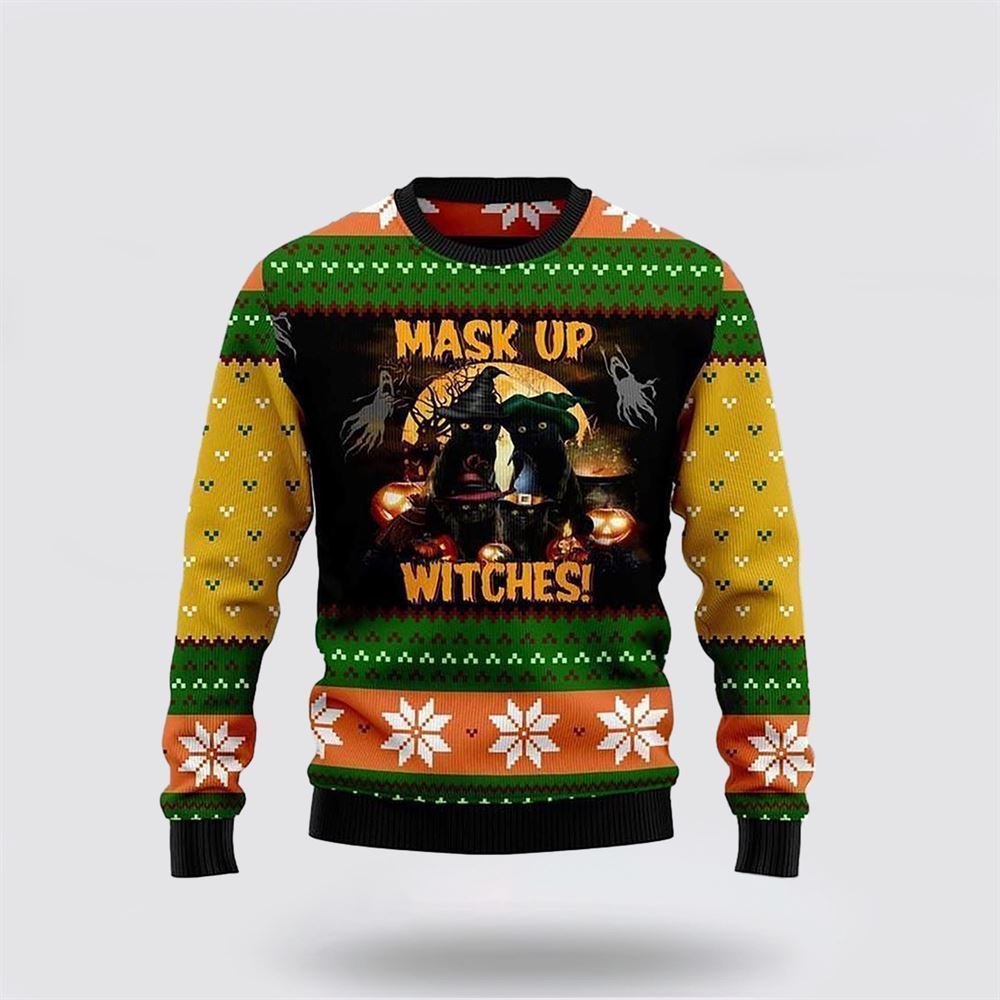 Pet Cat Sweater, Black Cat Mask Up Witches Ugly Christmas Sweater, Gift For Cat Love, Cat Crewneck Sweater, Winter Fashion