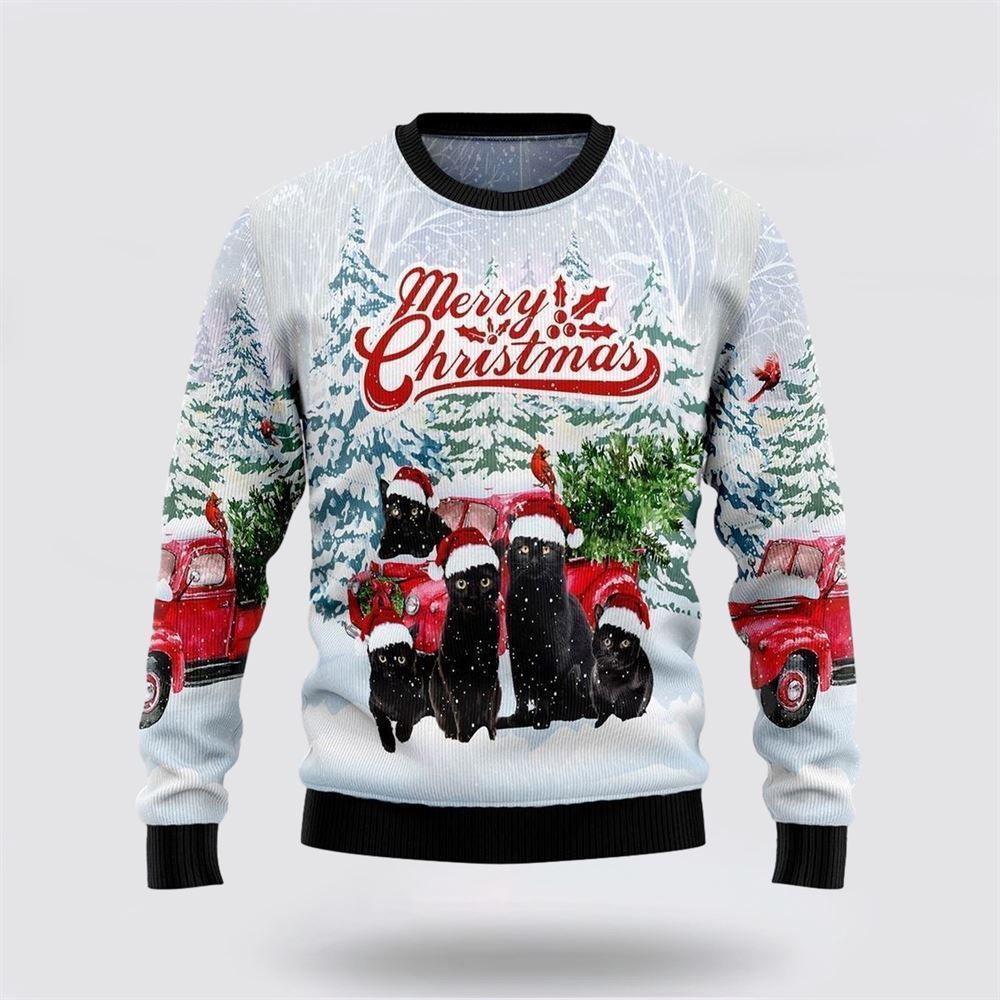 Pet Cat Sweater, Black Cat Merry Christmas Ugly Christmas Sweater, Gift For Cat Love, Cat Crewneck Sweater, Winter Fashion