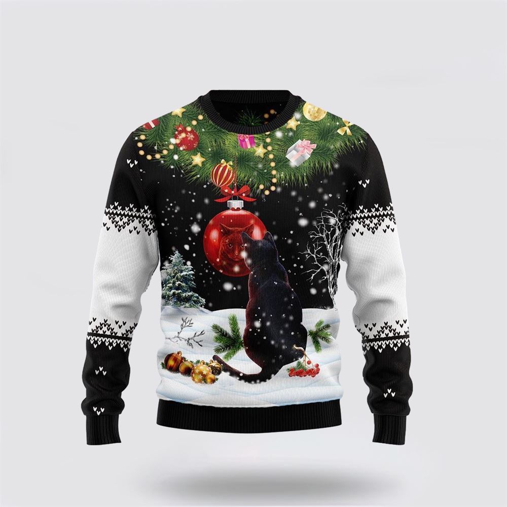 Pet Cat Sweater, Black Cat Mirror Ugly Christmas Sweater, Gift For Cat Love, Cat Crewneck Sweater, Winter Fashion