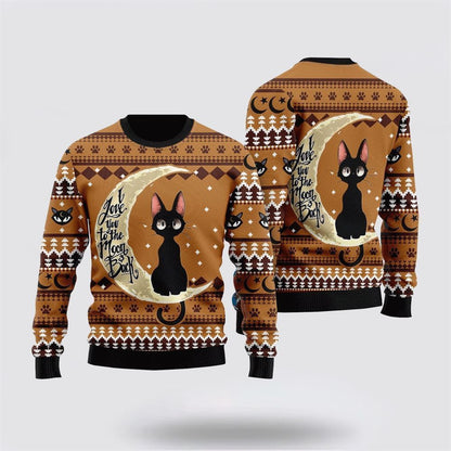 Pet Cat Sweater, Black Cat Moon And Back Ugly Christmas Sweater, Gift For Cat Love, Cat Crewneck Sweater, Winter Fashion
