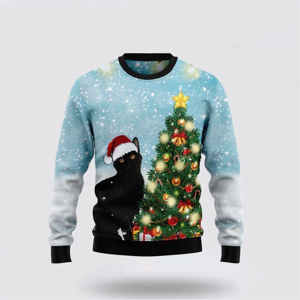 Pet Cat Sweater, Black Cat Noel Tree Ugly Christmas Sweater, Gift For Cat Love, Cat Crewneck Sweater, Winter Fashion