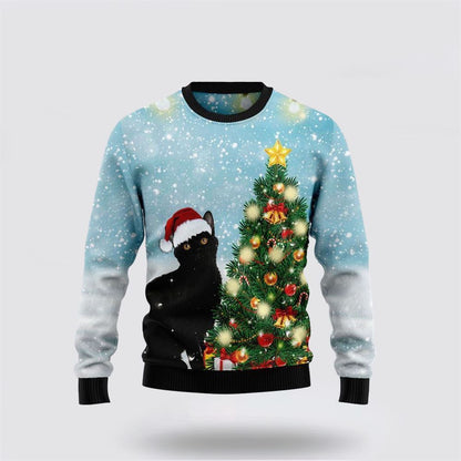 Pet Cat Sweater, Black Cat Noel Tree Ugly Christmas Sweater, Gift For Cat Love, Cat Crewneck Sweater, Winter Fashion