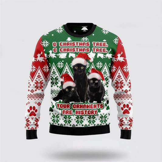 Pet Cat Sweater, Black Cat Oh Christmas Tree Ugly Christmas Sweater, Gift For Cat Love, Cat Crewneck Sweater, Winter Fashion
