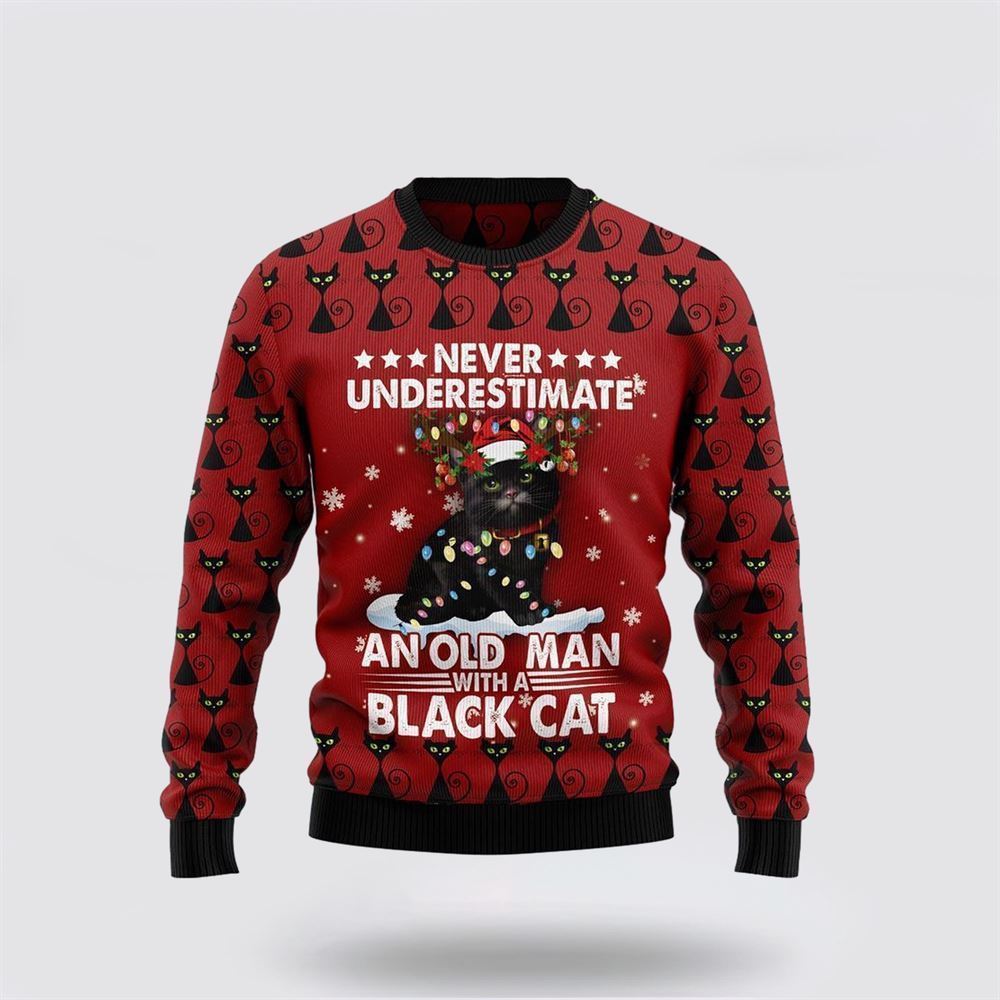 Pet Cat Sweater, Black Cat Old Man Ugly Christmas Sweater, Gift For Cat Love, Cat Crewneck Sweater, Winter Fashion