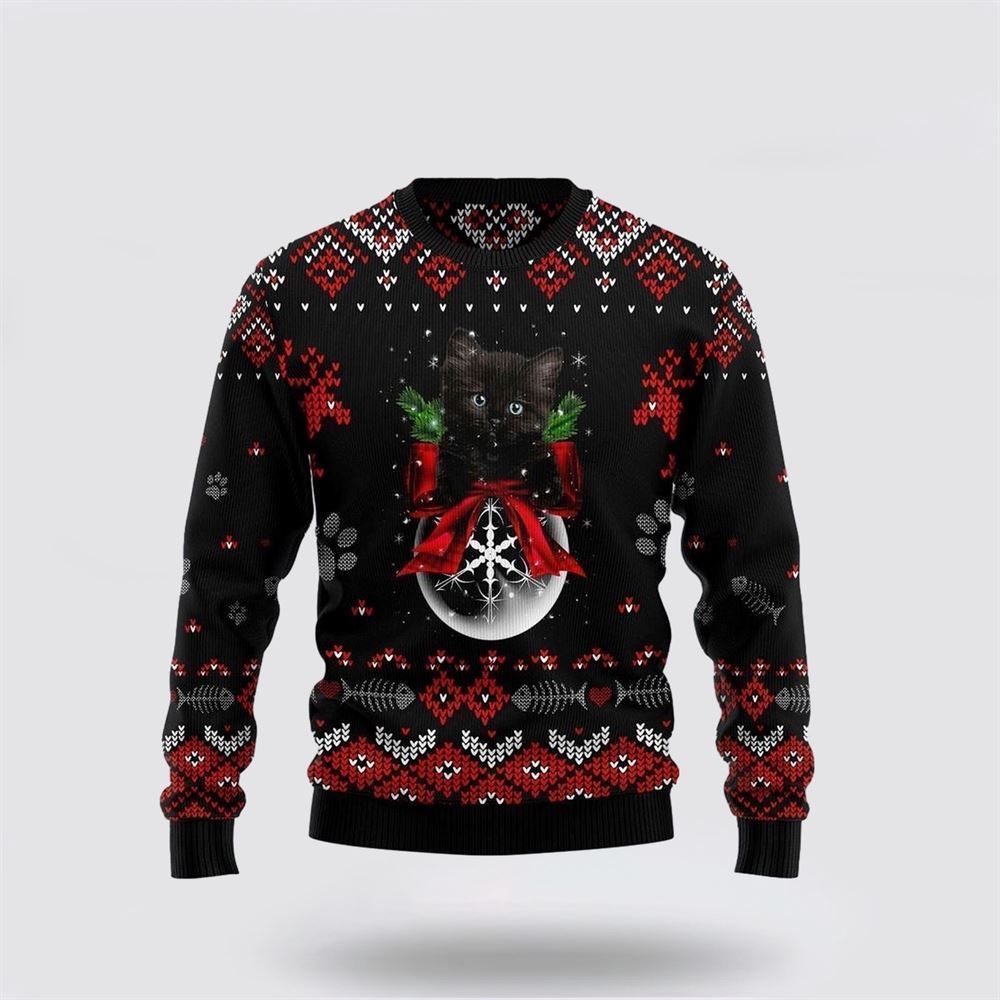 Pet Cat Sweater, Black Cat Ornament Christmas Ugly Christmas Sweater, Gift For Cat Love, Cat Crewneck Sweater, Winter Fashion