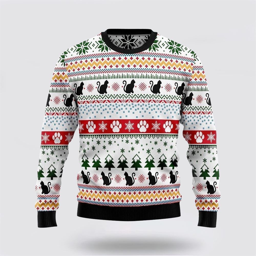 Pet Cat Sweater, Black Cat Pattern Ugly Christmas Sweater, Gift For Cat Love, Cat Crewneck Sweater, Winter Fashion