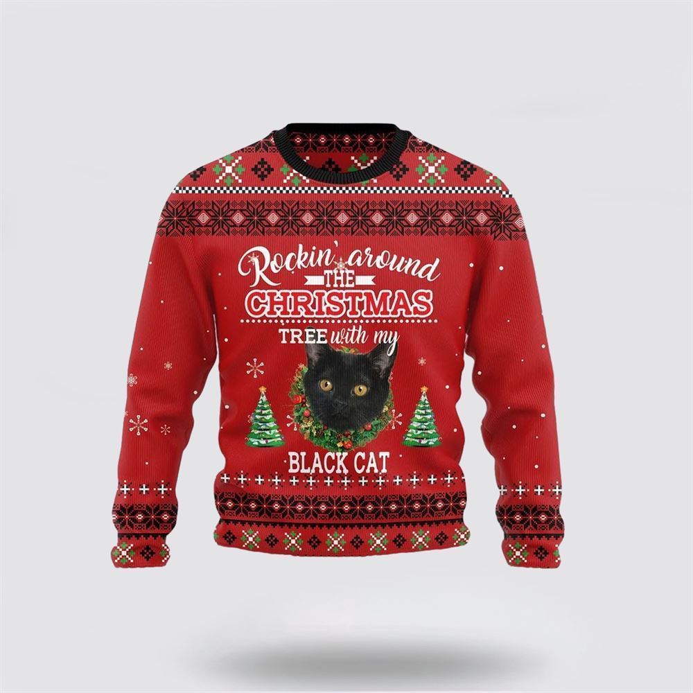 Pet Cat Sweater, Black Cat Rockin Funny Family Ugly Christmas Sweater, Gift For Cat Love, Cat Crewneck Sweater, Winter Fashion
