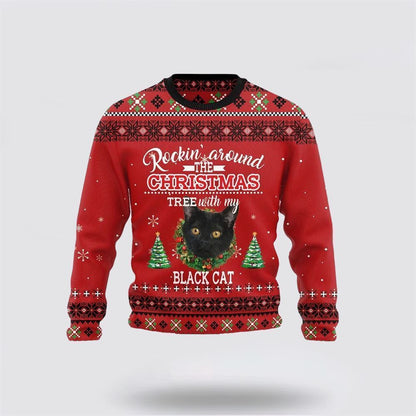Pet Cat Sweater, Black Cat Rockin Funny Family Ugly Christmas Sweater, Gift For Cat Love, Cat Crewneck Sweater, Winter Fashion