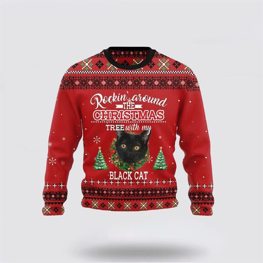Pet Cat Sweater, Black Cat Rockin Funny Family Ugly Christmas Sweater, Gift For Cat Love, Cat Crewneck Sweater, Winter Fashion