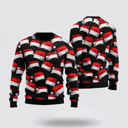 Pet Cat Sweater, Black Cat & Santa Hat Ugly Christmas Sweater, Gift For Cat Love, Cat Crewneck Sweater, Winter Fashion