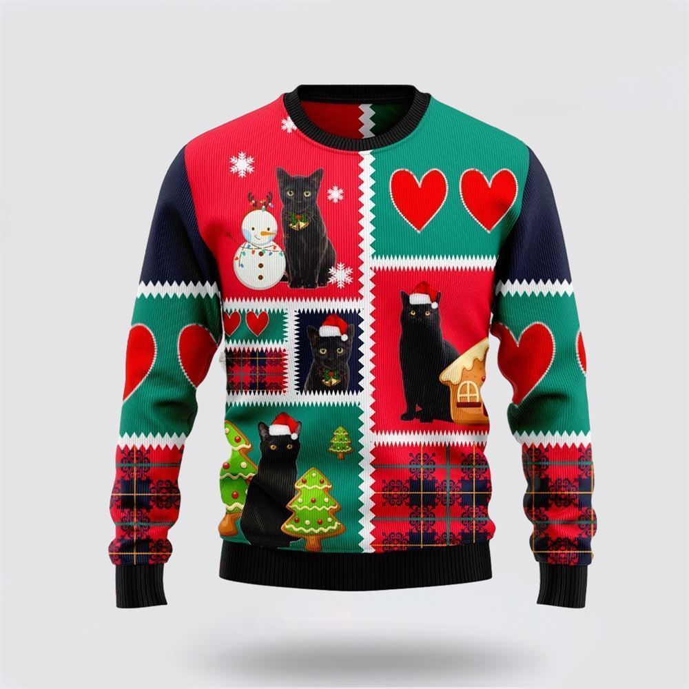 Pet Cat Sweater, Black Cat Snow Ugly Christmas Sweater, Gift For Cat Love, Cat Crewneck Sweater, Winter Fashion