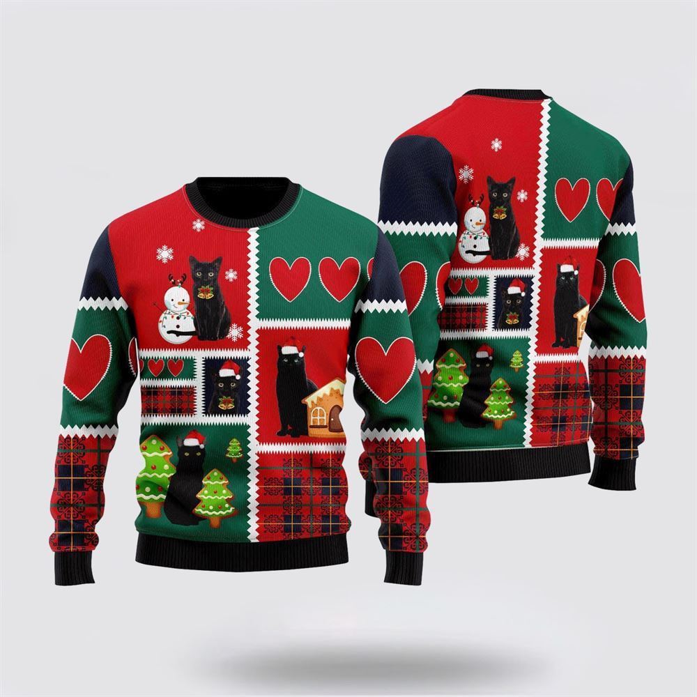 Pet Cat Sweater, Black Cat Snow Ugly Christmas Sweater, Gift For Cat Love, Cat Crewneck Sweater, Winter Fashion