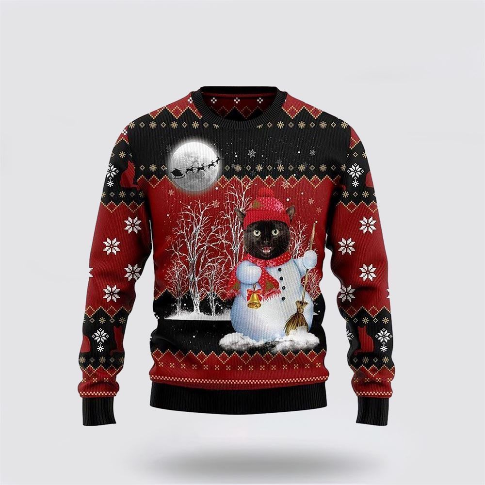 Pet Cat Sweater, Black Cat Snowman Ugly Christmas Sweater, Gift For Cat Love, Cat Crewneck Sweater, Winter Fashion
