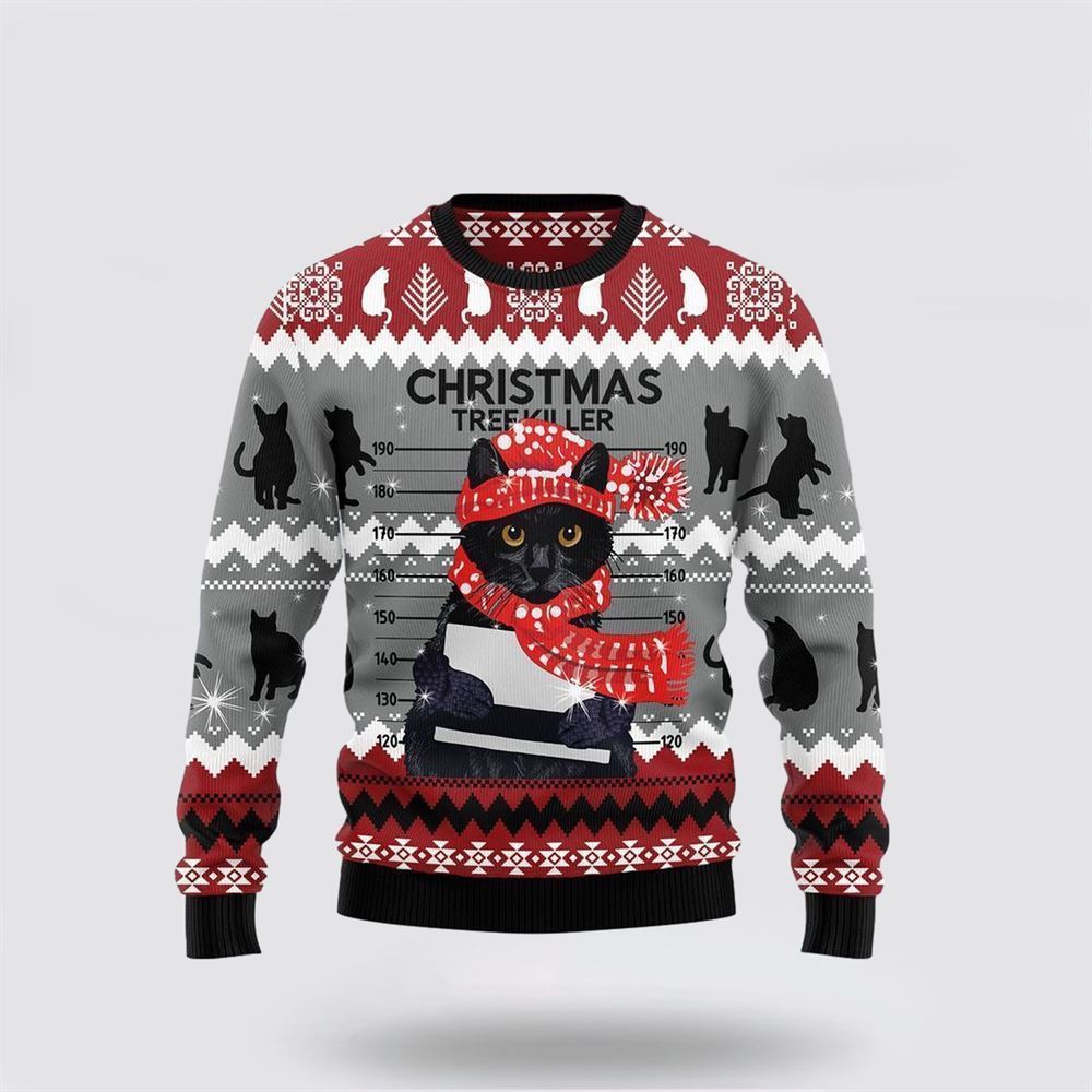 Pet Cat Sweater, Black Cat Tree Killer Ugly Christmas Sweater, Gift For Cat Love, Cat Crewneck Sweater, Winter Fashion