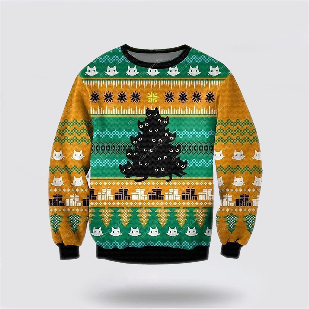 Pet Cat Sweater, Black Cat Tree Meowy Ugly Christmas Orange Ugly Christmas Sweater, Gift For Cat Love, Cat Crewneck Sweater, Winter Fashion