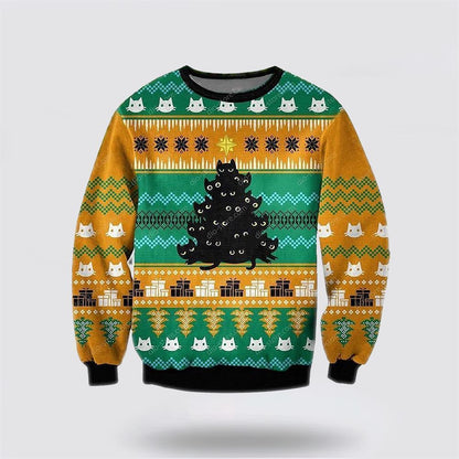 Pet Cat Sweater, Black Cat Tree Meowy Ugly Christmas Orange Ugly Christmas Sweater, Gift For Cat Love, Cat Crewneck Sweater, Winter Fashion