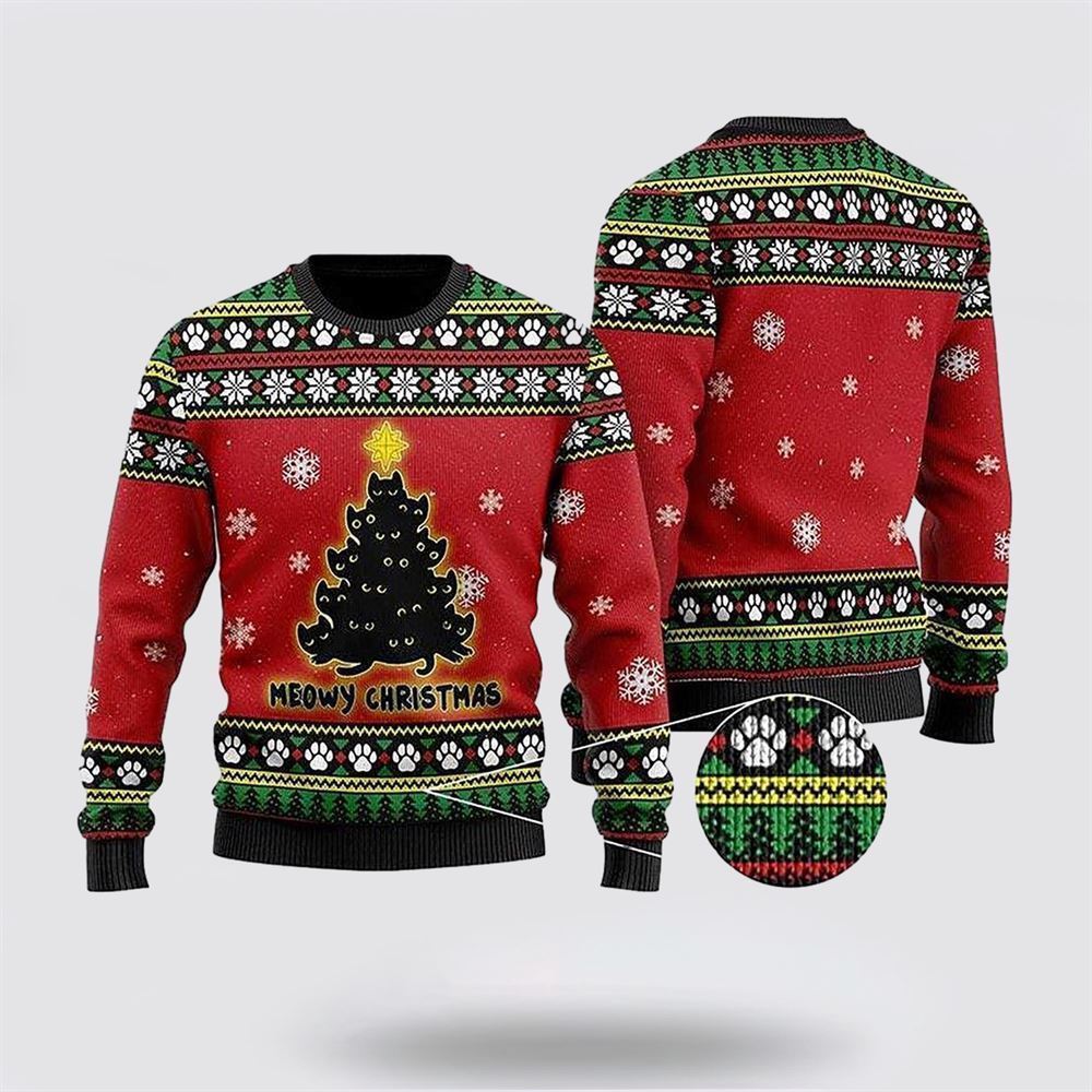 Pet Cat Sweater, Black Cat Tree Meowy Ugly Christmas Red Ugly Christmas Sweater, Gift For Cat Love, Cat Crewneck Sweater, Winter Fashion