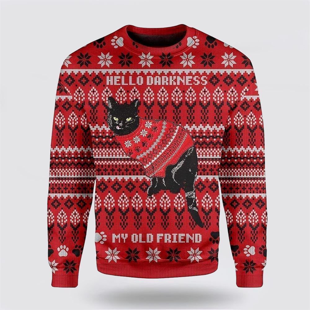 Pet Cat Sweater, Black Cat Wear Red Ugly Christmas Sweater, Gift For Cat Love, Cat Crewneck Sweater, Winter Fashion