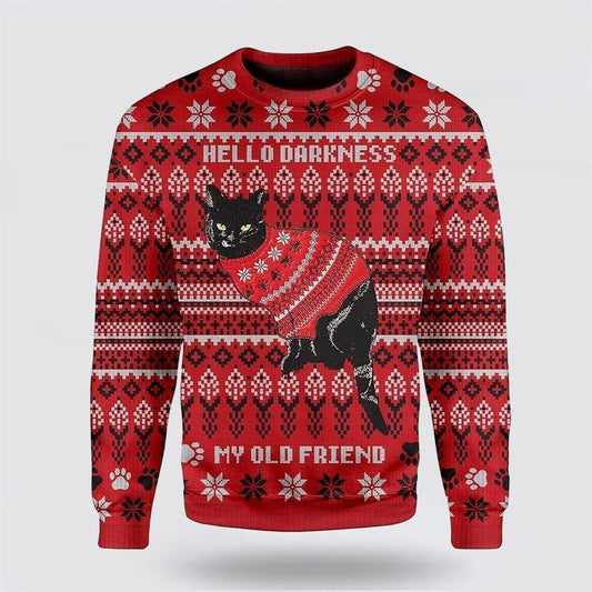 Pet Cat Sweater, Black Cat Wear Red Ugly Christmas Sweater, Gift For Cat Love, Cat Crewneck Sweater, Winter Fashion