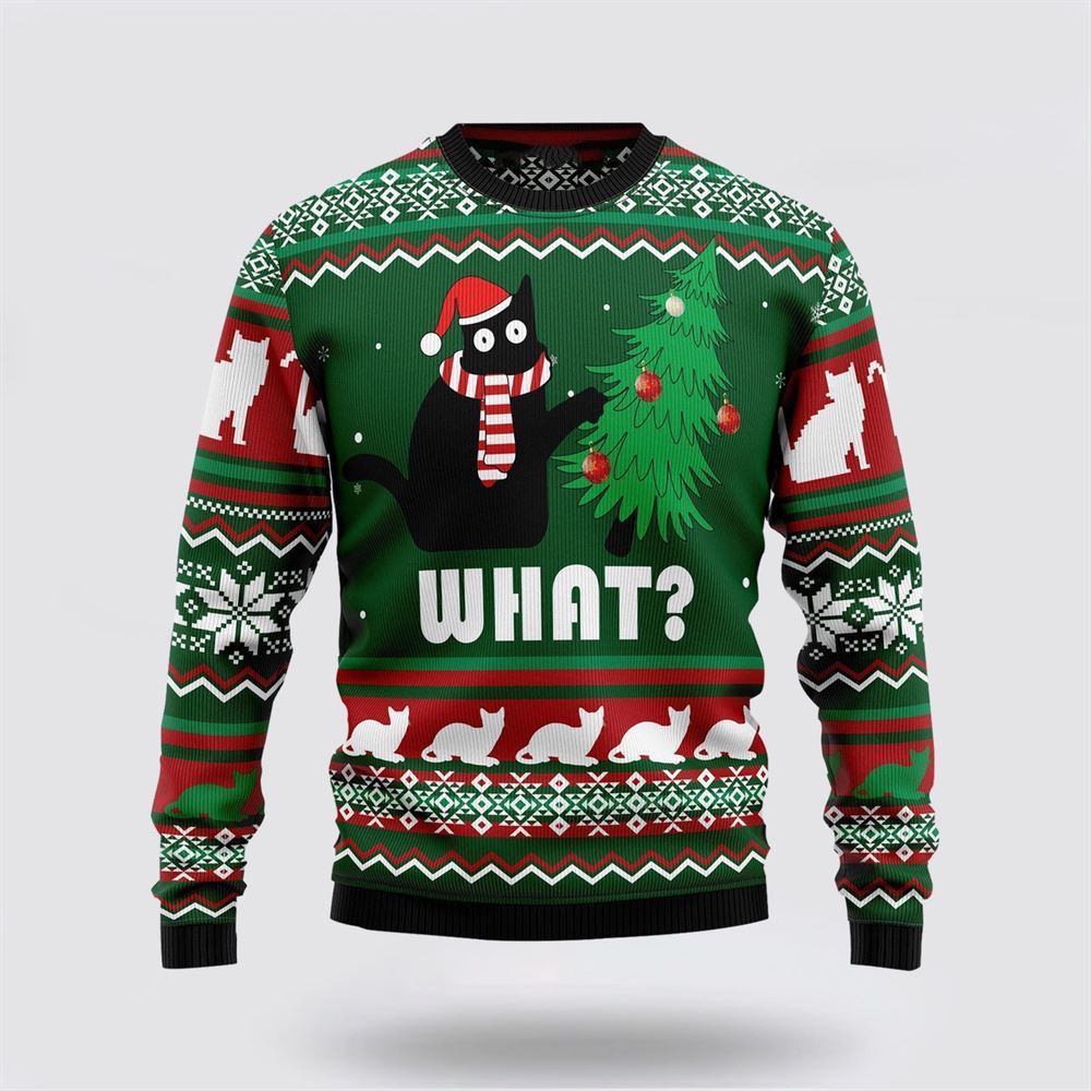 Pet Cat Sweater, Black Cat What Christmas Ugly Christmas Sweater, Gift For Cat Love, Cat Crewneck Sweater, Winter Fashion