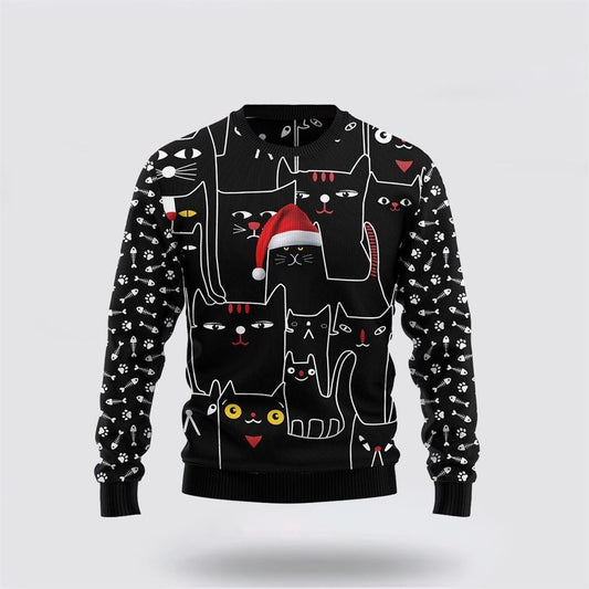Pet Cat Sweater, Black Cat With Noel Hat Ugly Christmas Sweater, Gift For Cat Love, Cat Crewneck Sweater, Winter Fashion