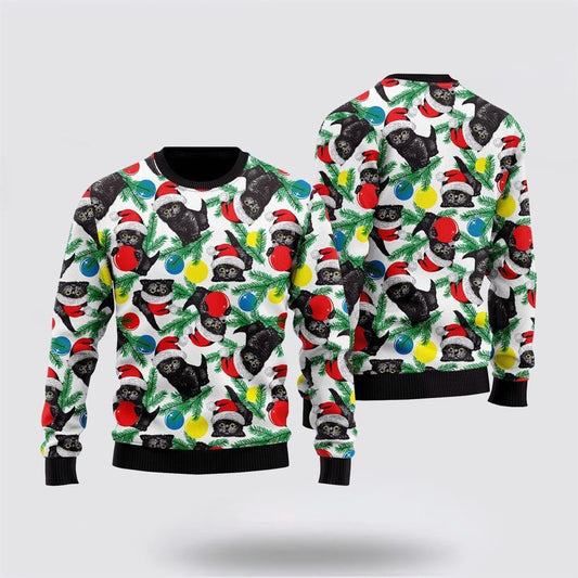 Pet Cat Sweater, Black Cat With Xmas Balls Ugly Christmas Sweater, Gift For Cat Love, Cat Crewneck Sweater, Winter Fashion