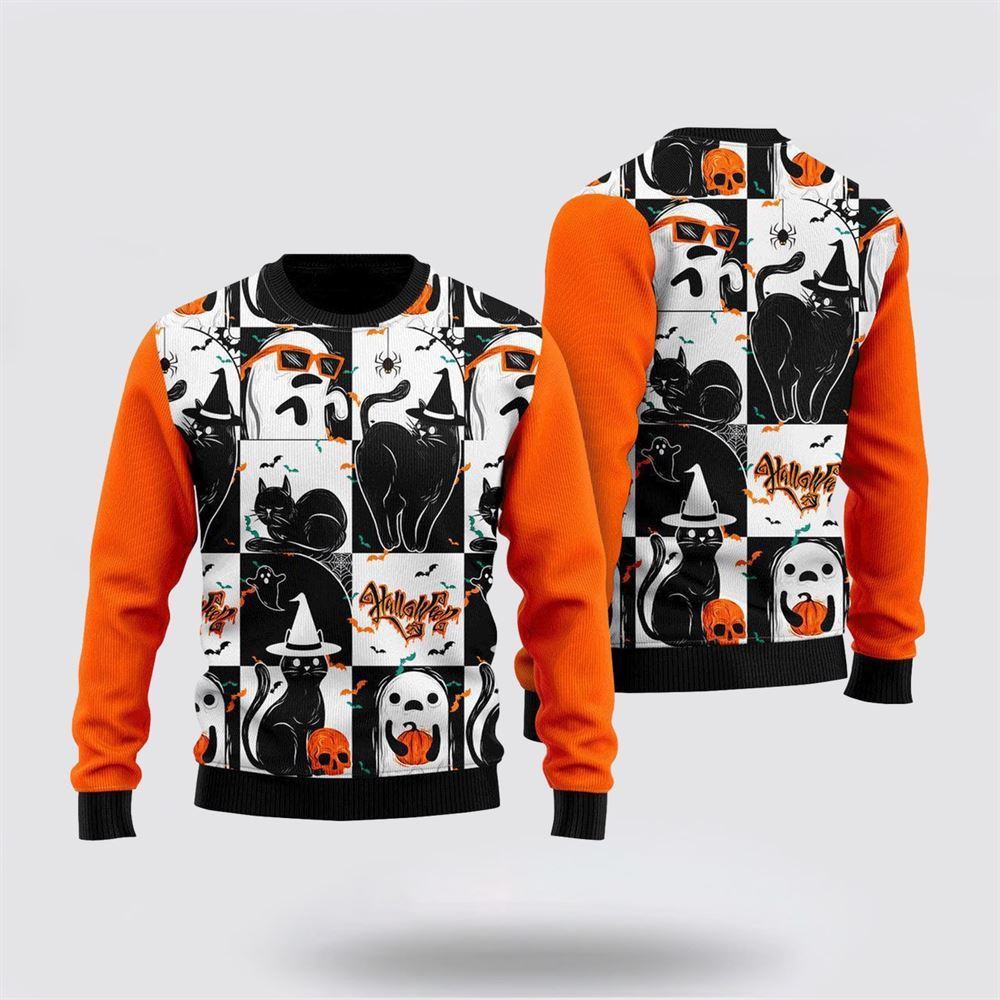 Pet Cat Sweater, Black Cat and Ghost Halloween Ugly Christmas Sweater, Gift For Cat Love, Cat Crewneck Sweater, Winter Fashion
