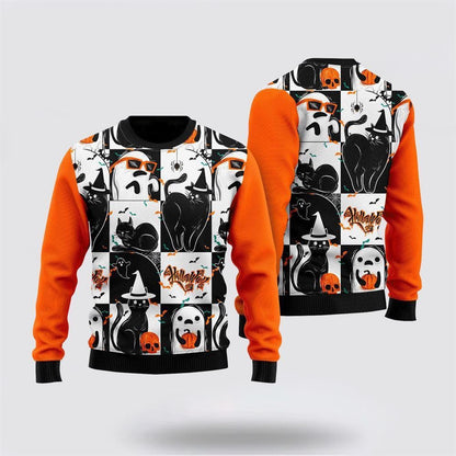 Pet Cat Sweater, Black Cat and Ghost Halloween Ugly Christmas Sweater, Gift For Cat Love, Cat Crewneck Sweater, Winter Fashion