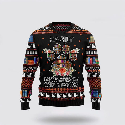 Pet Cat Sweater, Cat And Books Ugly Christmas Sweater, Gift For Cat Love, Cat Crewneck Sweater, Winter Fashion