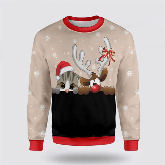 Pet Cat Sweater, Cat And Reindeer Ugly Christmas Sweater, Gift For Cat Love, Cat Crewneck Sweater, Winter Fashion